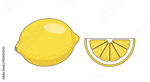 Illustration of Whole Lemon and Lemon Slice on White Background