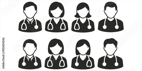 Eight Medical Doctor Icons with Stethoscopes on White Background healthcare