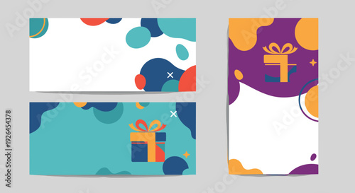 Set of three modern gift voucher or card templates with colorful abstract shapes and gift box icons on a gray background.