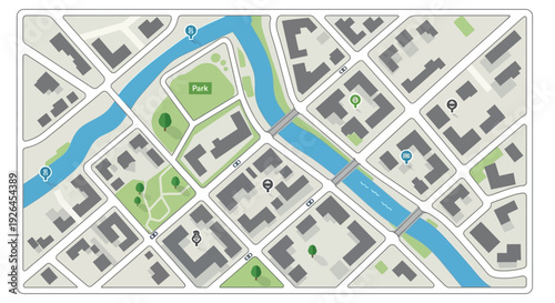 Vector city map with park, river, and buildings in urban layout