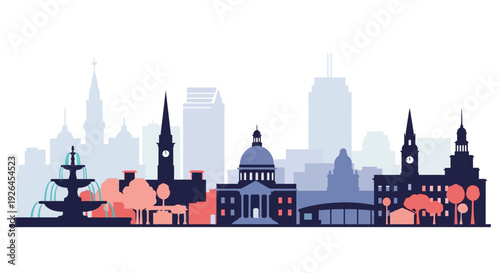 Colorful vector skyline of a European city with historic landmarks