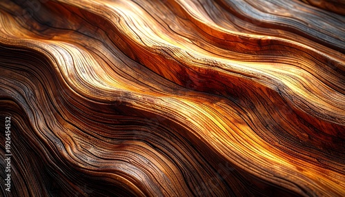 Close-up of undulating wooden surface. Lines flow dynamically across the plane, reflecting light with warm brown and darker tones