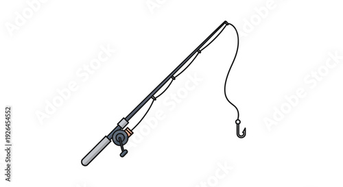 Fishing rod with reel and hook on white background