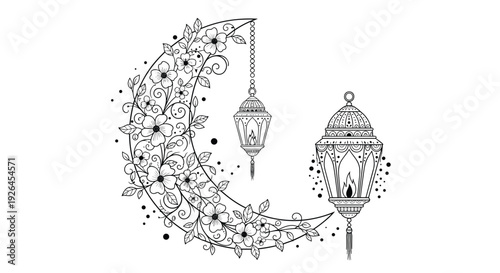 Artistic black and white line drawing of a floral crescent moon with intricate flowers and hanging ornate lanterns.
