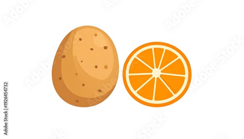 Illustration featuring a potato and a cross-section of an orange, both rendered in a clean, minimalist style against a white background