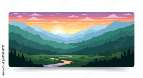 Scenic mountain landscape with vibrant sunset and winding river