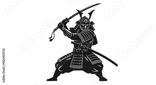 Silhouette of Samurai Warrior in Traditional Armor with Katana
