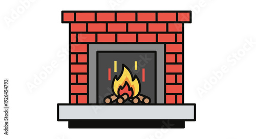 Vector illustration of a red brick fireplace with burning logs