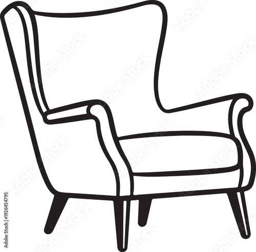 Line Art Illustration of a Wingback Armchair Side View furniture vintage