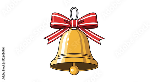 Golden Christmas Bell with Red Ribbon Isolated on White Background