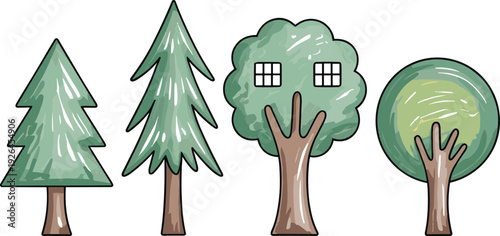 Cartoon tree vector illustration with evergreen, round canopy, whimsical house tree design, playful nature graphics for landscape, environment, outdoor art