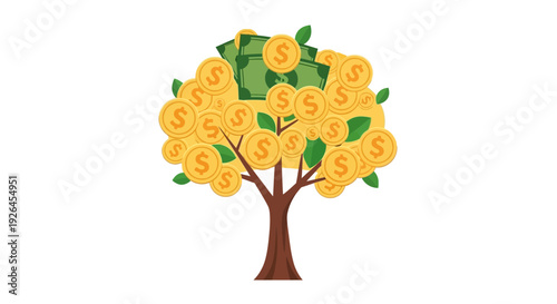 Money tree illustration with dollar coins and bills on white background