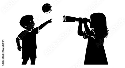 A child and an adult observing a ball with a telescope and pointing gesture. Vector, illustration