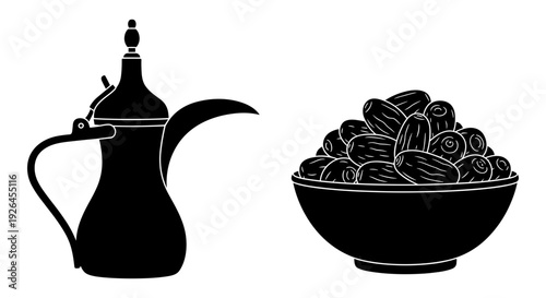 Traditional arabic coffee pot and bowl of dates displayed together Vector, illustration