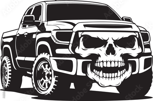 Black and white illustration of pickup truck with skull on front grille