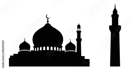 Silhouette of iconic islamic architectural landmarks with domes and minarets Vector, illustration