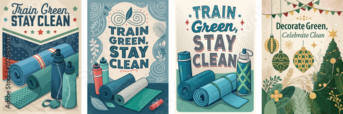 Promotional illustrations promoting eco-friendly fitness and holiday decor themes.
