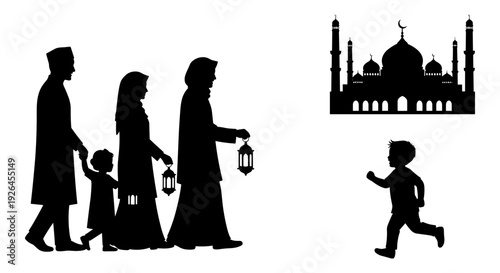 Family carrying lanterns during evening procession with mosque in background Vector, illustration