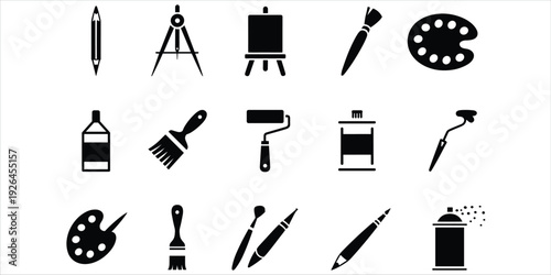 Collection of art and drawing tools in black silhouette on a white background Keywords: art, drawing, painting, tools, supplies