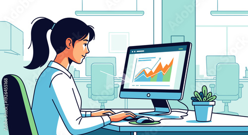 Woman Analyzing Data on Computer Screen.