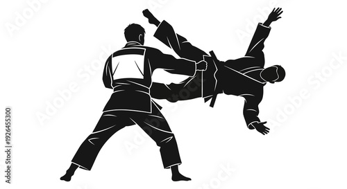 Silhouette of Two Martial Artists Practicing Judo Throw Technique