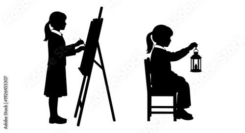 Two artists engaged in a creative and contemplative evening session with lantern light. Vector, illustration