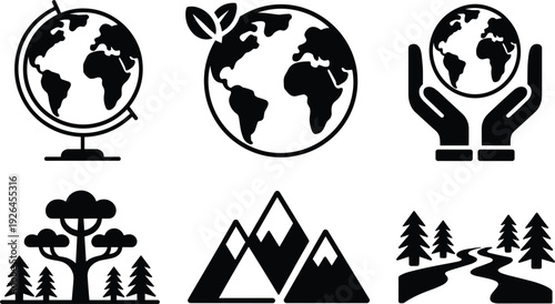 Black Silhouette Icons of Earth Globes, Mountains, Trees, and Forest Path on White Background planet