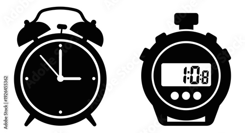 Classic alarm clock and digital stopwatch comparison side by side. Vector, illustration