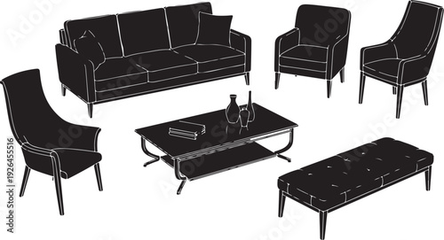 Silhouette of Living Room Furniture Including Sofa Armchairs and Coffee Table Keywords