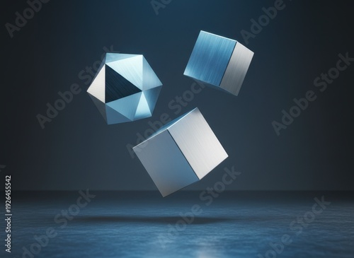 Three Metallic Geometric Shapes Including A Dodecahedron And Two Cubes Levitating In A Dark Studio With Blue Lighting And Textured Floor