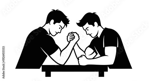 Two men arm wrestling in black and white silhouette illustration