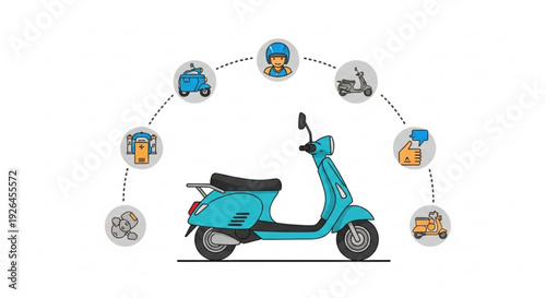 Teal scooter with icons representing eco friendly transportation and daily commute