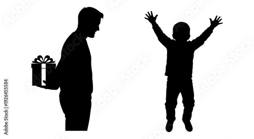A silhouette of a person giving a gift to a joyful child with arms outstretched. Vector, illustration