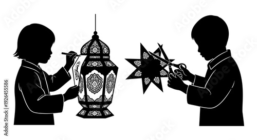 Children examining traditional lanterns and star-shaped decorations during a cultural celebration Vector, illustration
