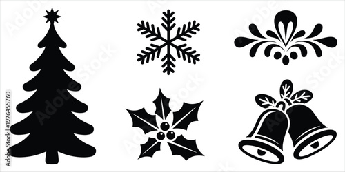 Black Silhouette Christmas Icons Including Tree Snowflake Holly and Bells