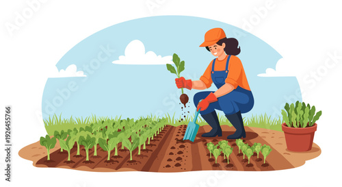 Woman Gardening in a Vegetable Garden.
