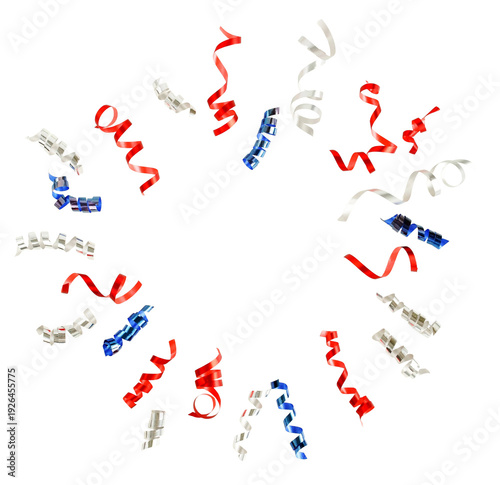 American flag colors confetti and streamers pattern frame isolated png on transparent background. cutout object. 4th of July USA Independence Day decorations 