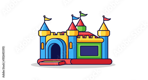 Colorful inflatable bouncy castle with flags on white background