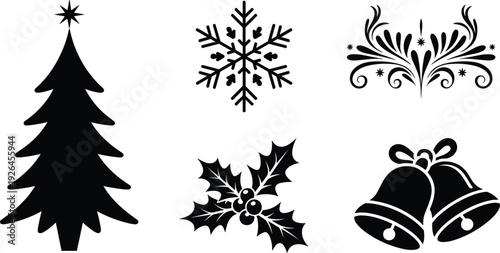 Black Silhouette Christmas Icons Including Tree Snowflake Holly and Bells