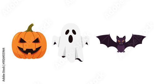 Halloween themed cartoon icons of pumpkin, ghost, and bat