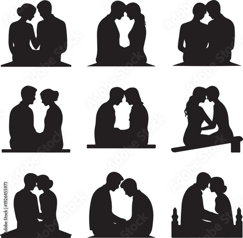 black silhouettes of couples in various romantic poses