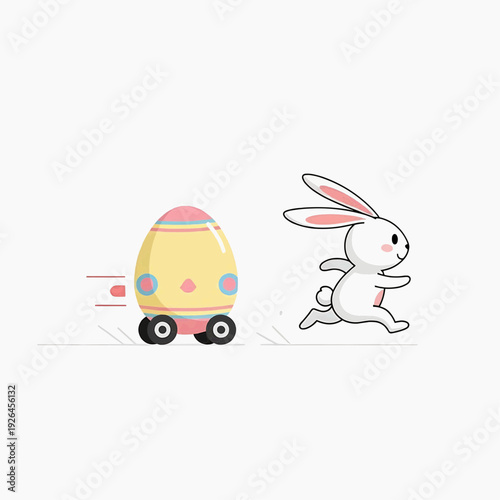 White rabbit running away from a fast Easter egg on wheels, playful chase and humor concept