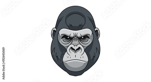 Illustrated Gorilla Head with Intense Expression on White Background
