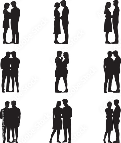 black silhouettes of couples in various romantic poses