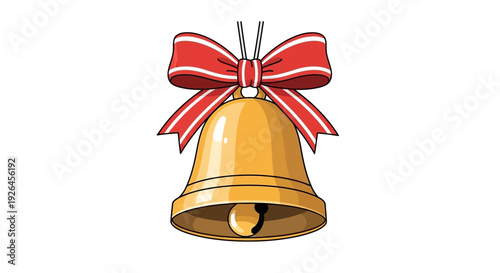 Golden Christmas bell with red bow isolated on white background