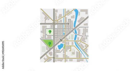 Vector map illustration of a city layout with streets and parks