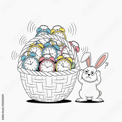 Stressed bunny covering ears next to basket full of ringing alarm clocks, deadline concept