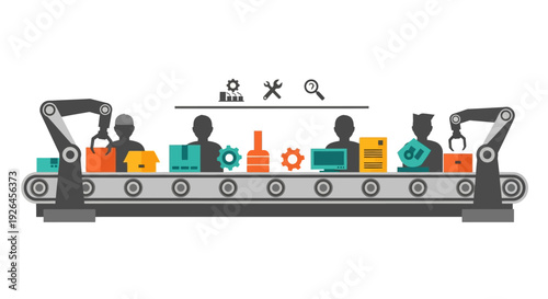 Industrial assembly line with robotic arms and conveyor belt
