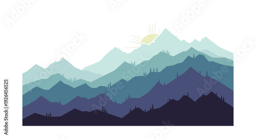 Minimalist mountain landscape with layered peaks and rising sun