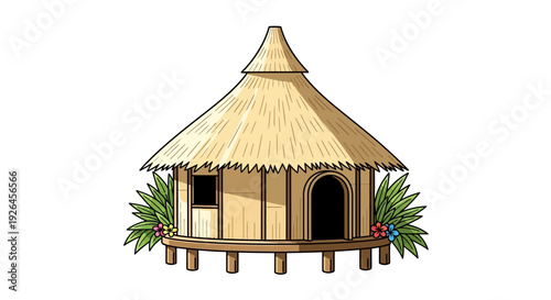 Traditional thatched hut with tropical plants on white background